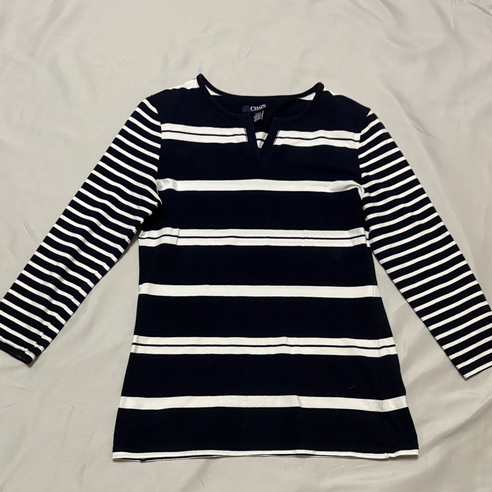 Chaps Women's Navy and White Striped Long Sleeve Tee